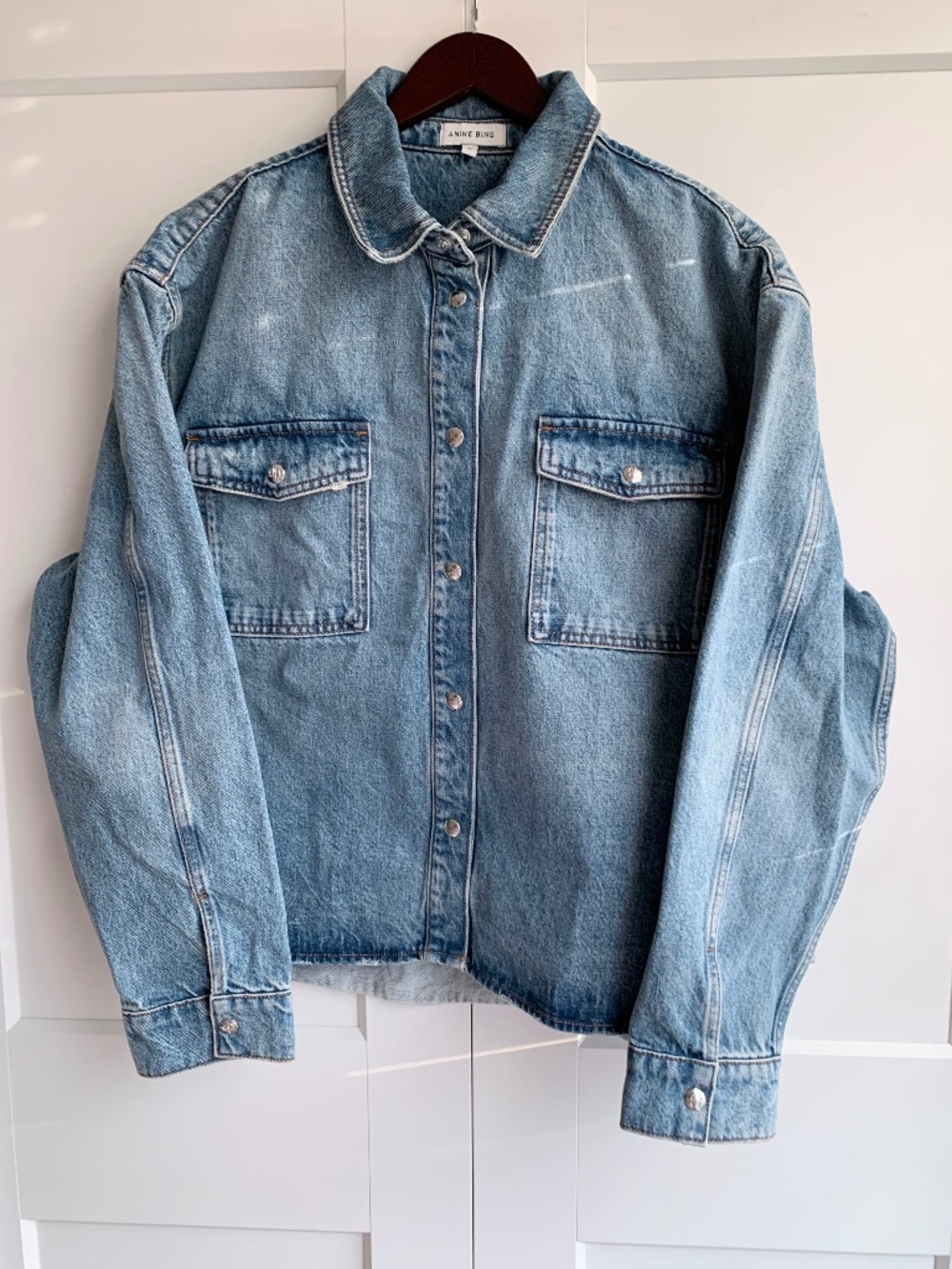 Anine Bing Paxton  Light Blue Denim Jacket with Chest Pockets Women's size L